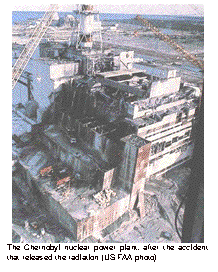 Text Box:  The Chernobyl nuclear power plant, after the accident that released the radiation (US FAA photo)