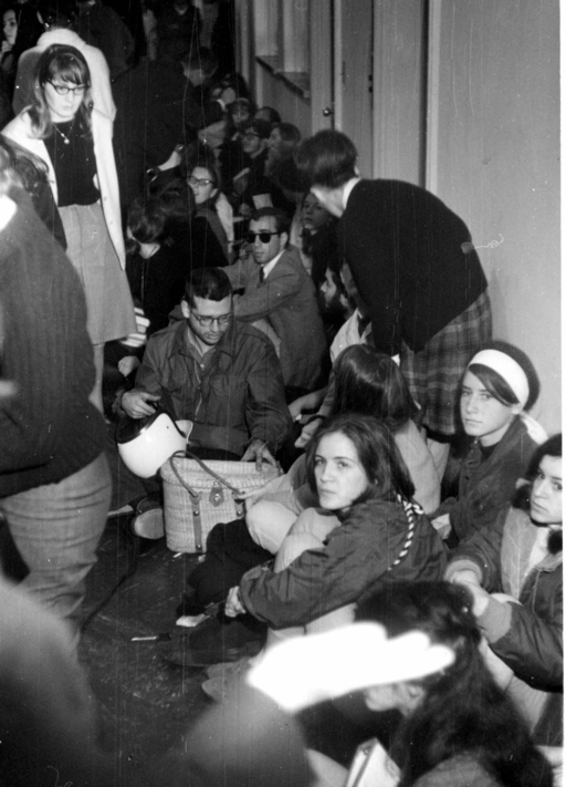 Students in hallways of Sproul Hall, FSM sit in, Dec 1964