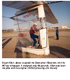Text Box:   Bryan Allen, about to pedal the Gossamer Albatross, with its 96 foot wingspan. It weighed only 66 pounds. Allen was both the pilot and the engine. (NASA photo by Jim Moran)